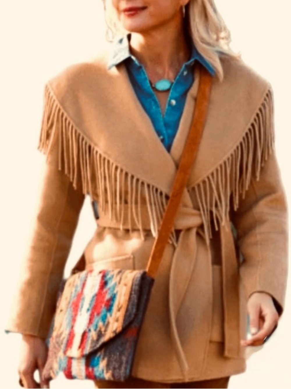 Soft Surroundings Wool Camel Shawl Fringe Collar Western Blanket Coat Large